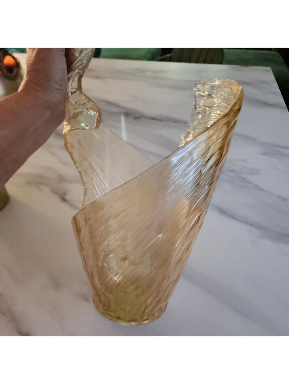 Murano Style Hand Blown Gold Art Glass Wave Vase Amber Freeform Italian 16
